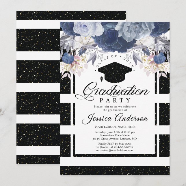 Luxus Black Gold Glitzer Floral Abschluss Einladung (Vorne/Hinten)