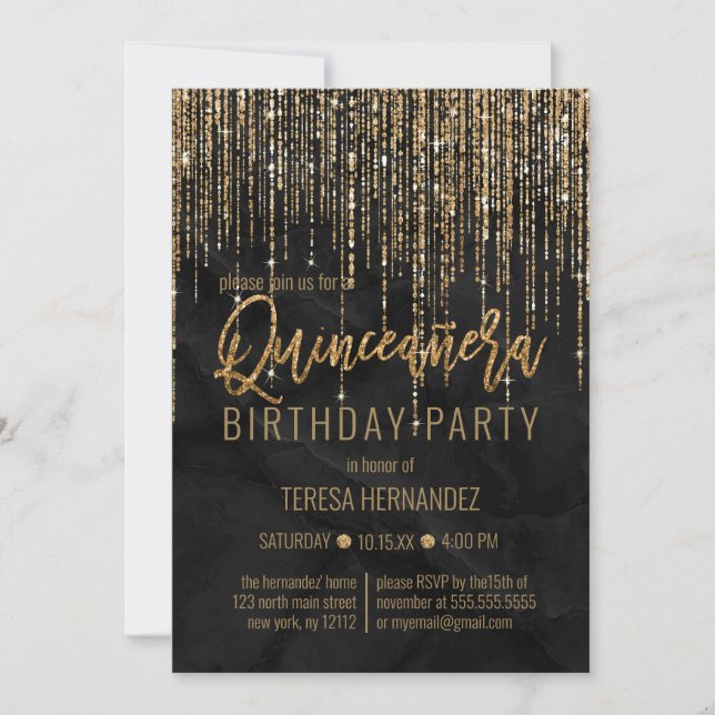 Luxus Black Gold Glitzer Pearl Marble Quinceañera Einladung (Vorderseite)