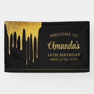 Luxus Black & Gold Glitzer Tropfen Sweet 16 Geburt Banner