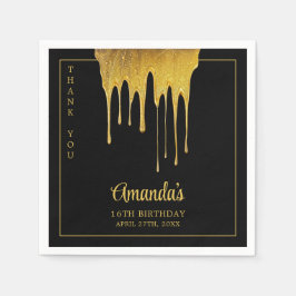 Luxus Black & Gold Glitzer Tropfen Sweet 16 Geburt Serviette