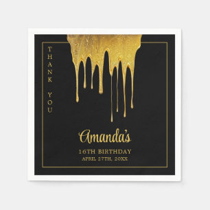 Luxus Black & Gold Glitzer Tropfen Sweet 16 Geburt Serviette