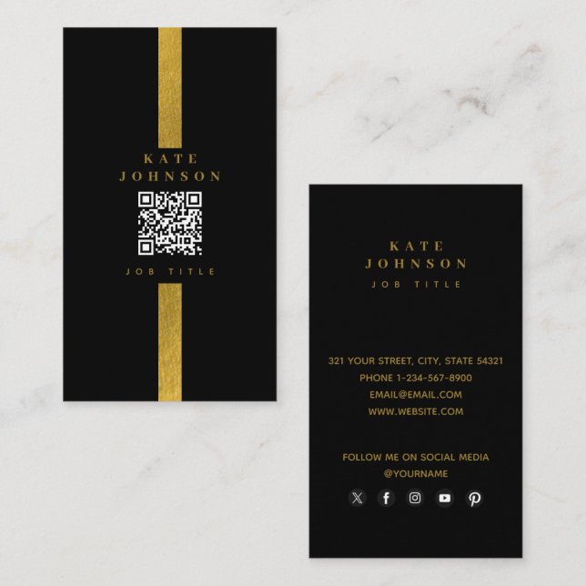 Luxus Black Gold QR Code Social Media Visitenkarte (Vorne/Hinten)