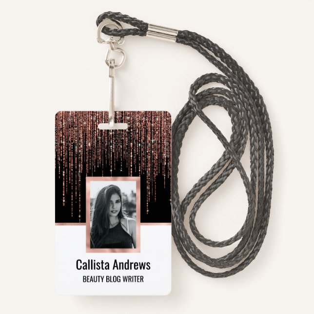 Luxus Black Rose Gold Funkelnd Glitzer Fringe Ausweis (Vorderseite mit Schlüsselband)