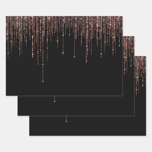 Luxus Black Rose Gold Funkelnd Glitzer Fringe Geschenkpapier Set (Set)