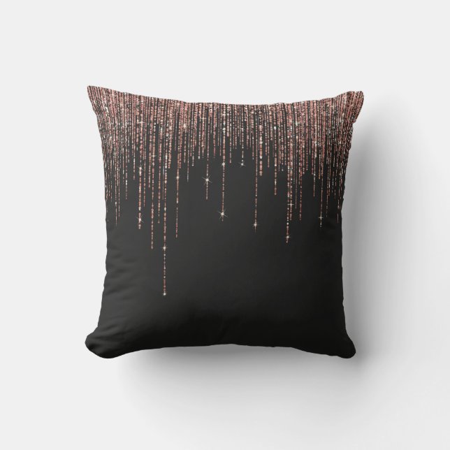 Luxus Black Rose Gold Funkelnd Glitzer Fringe Kissen (Vorderseite)