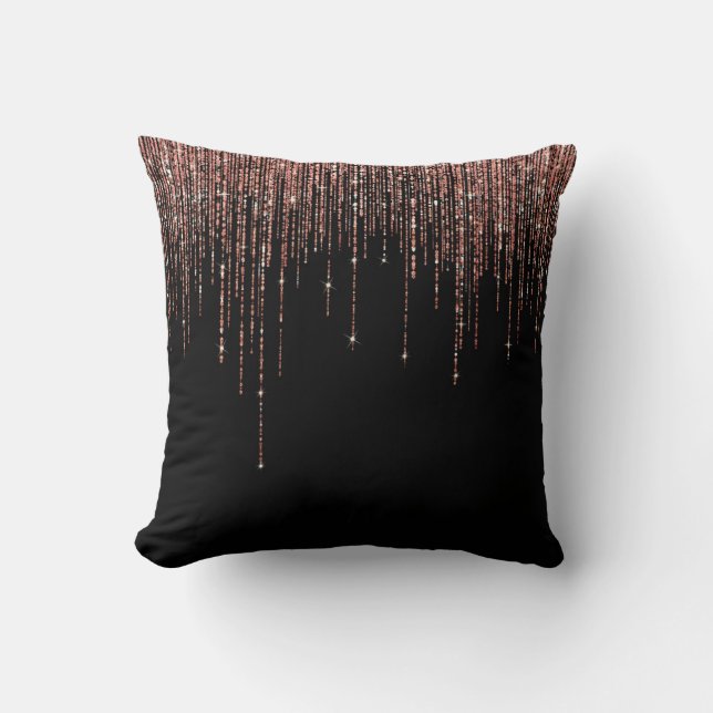 Luxus Black Rose Gold Funkelnd Glitzer Fringe Kissen (Vorderseite)