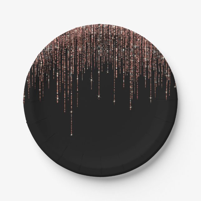 Luxus Black Rose Gold Funkelnd Glitzer Fringe Pappteller (Vorderseite)