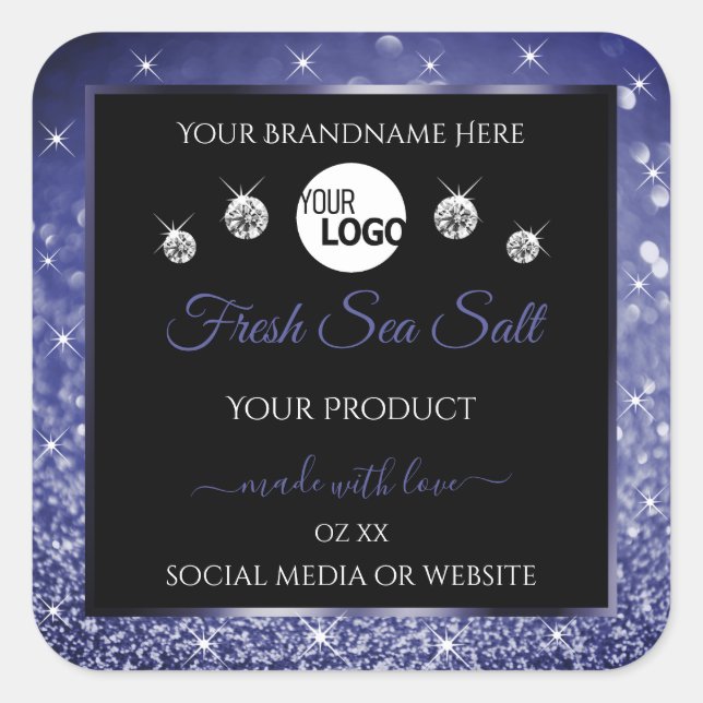 Luxus Black Royal Blue Glitzer Logo Quadratischer Aufkleber (Vorderseite)
