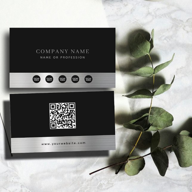 Luxus Black Silver Company Social Media & QR Code Visitenkarte (Luxury Black Silver Company Social Media & QR Code Business Card)