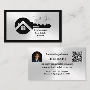 Luxus Black & Silver QR-Code Foto Immobilien Visitenkarte