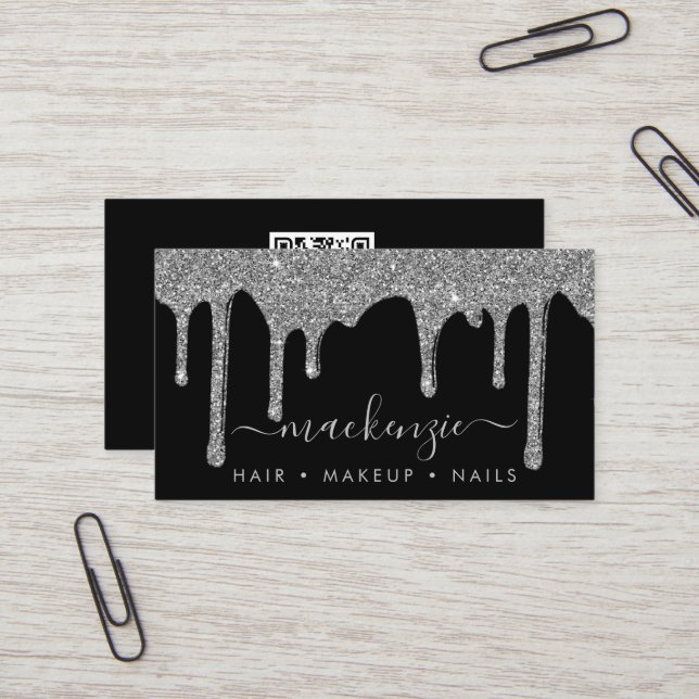 Luxus Black Silver Sparkle Glitzer Tropfen QR Code Visitenkarte (Vorderseite/Rückseite Beispiel)