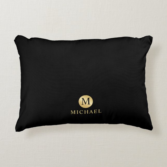 Luxus Black und Gold Personalisiert Monogramm Dekokissen (Vorderseite)