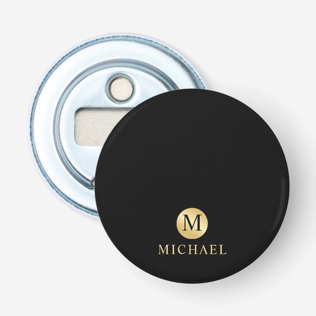 Luxus Black und Gold Personalisiert Monogramm Flaschenöffner (Vorderseite)