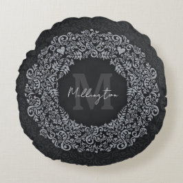 Luxus Black und Silver Monogram Rundes Kissen