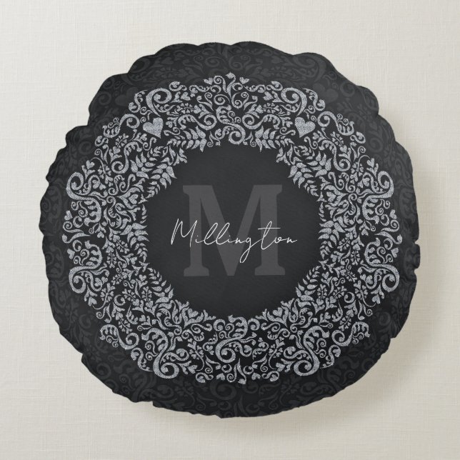 Luxus Black und Silver Monogram Rundes Kissen (Vorderseite)