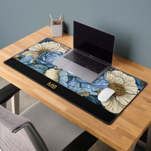 Luxus Blau Elfenbein Gold Pfingstrose Floral Monog Schreibtischunterlage