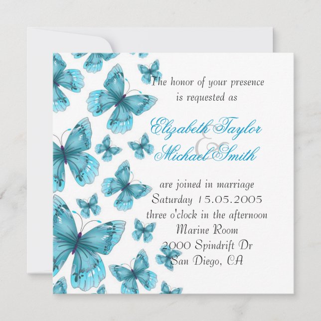 Luxus Blue Elegant Butterfly Hochzeit Einladung (Vorderseite)