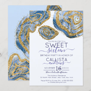 Luxus Blue Gold Marmor Agate Glitzer Sweet 16 Einladung