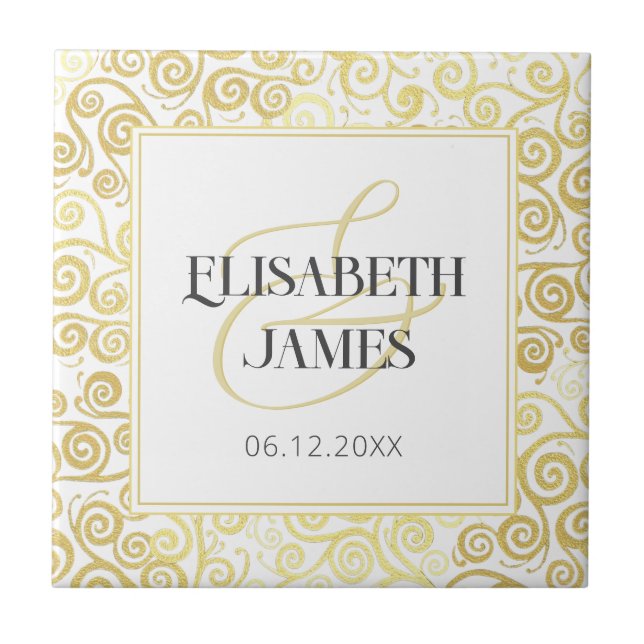 Luxus Blüh Chic Winter White and Gold Hochzeit Fliese (Vorderseite)