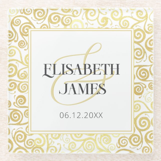 Luxus Blüh Chic Winter White and Gold Hochzeit Glasuntersetzer (Vorderseite)