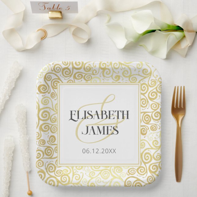 Luxus Blüh Chic Winter White and Gold Hochzeit Pappteller (Hochzeit)
