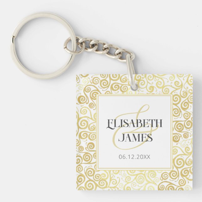 Luxus Blüh Chic Winter White and Gold Hochzeit Schlüsselanhänger (Vorderseite)