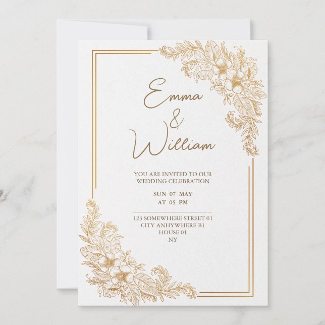Luxus-Blume Gold Hochzeitskarte Einladung (Vorderseite)