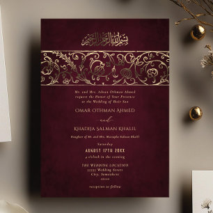 Luxus-Blumen-Burgund & Gold islamische Hochzeit Folieneinladung