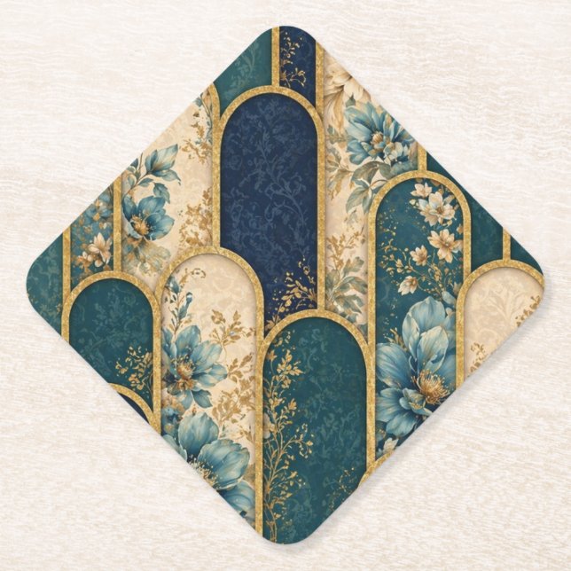Luxus-Blumenbogen-Papieruntersetzer in Türkis und  Untersetzer (Vorderseite)