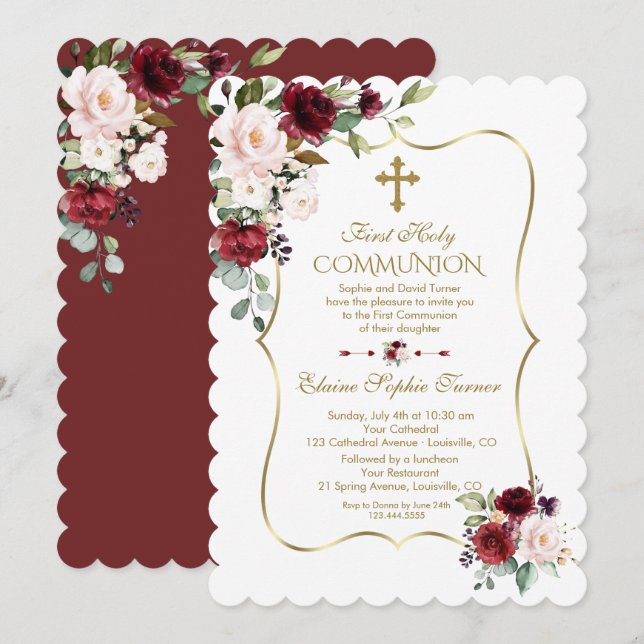 Luxus Blush Burgund Blume Erste Heilige Kommune Einladung (Vorne/Hinten)