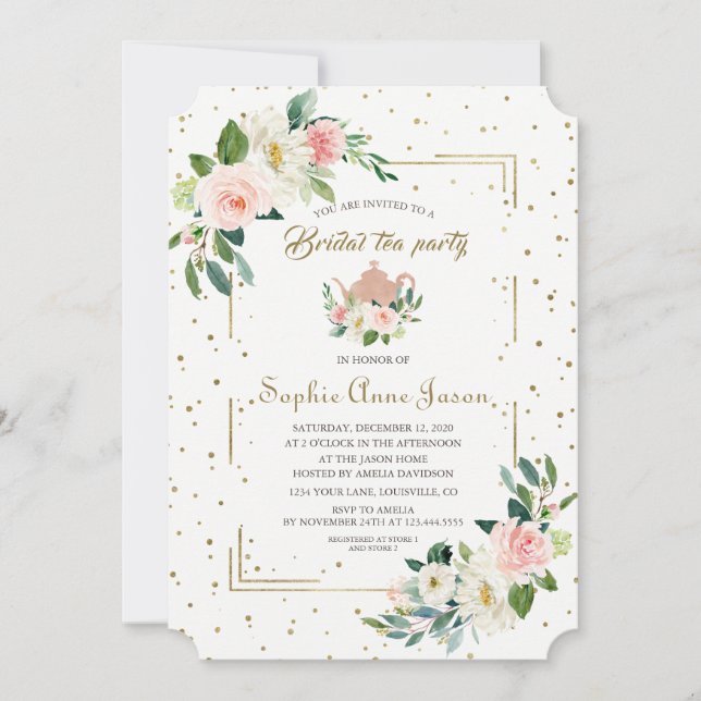 Luxus Blush Floral Gold Glitzer Brautparty Einladung (Vorderseite)