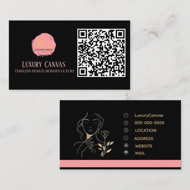 Luxus Blush Pink QR Code Beauty Business Card Visitenkarte (Vorne/Hinten)