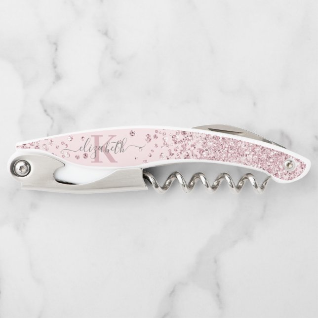 Luxus Blush Rose Gold Glitzer Confetti Monogram Kellnermesser (Vorderseite)