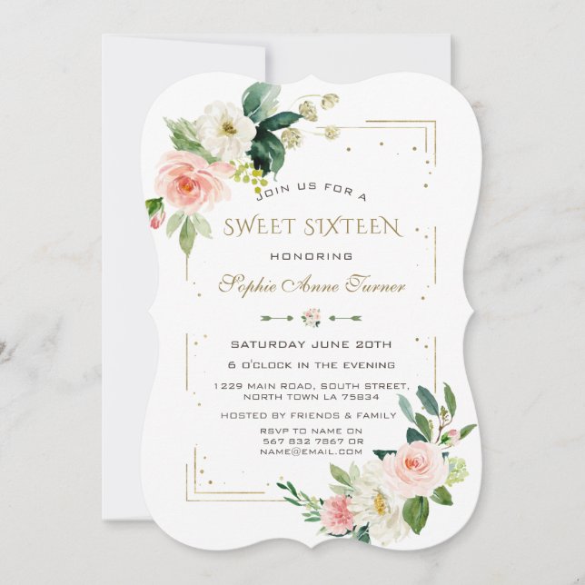 Luxus Blush White Blume Gold Glitzer Sweet 16 Einladung (Vorderseite)