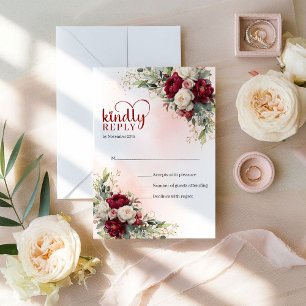 Luxus Boho Burgund Weiße Blumen Goldene Hochzeit RSVP Karte