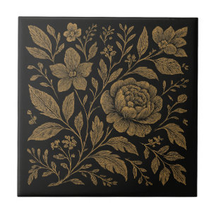 Luxus-Botanik-Noir-Gold auf schwarzer Keramikflies Fliese