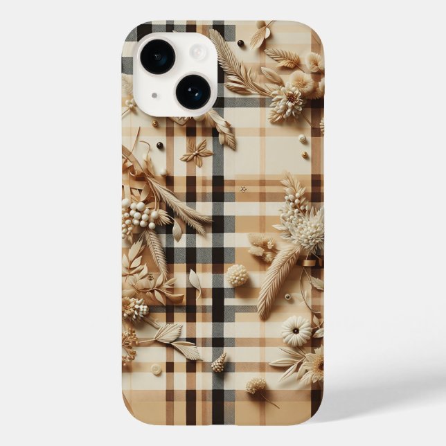 Luxus-Braun-Karo-Handyhülle mit geschnitztem Herbs Case-Mate iPhone 14 Hülle (Rückseite)
