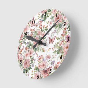Luxus Bunt  Wildblume Blume blauer Schmetterling  Runde Wanduhr