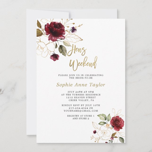 Luxus Burgund Floral Gold Bachelorette Wochenende Einladung (Vorderseite)