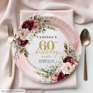 Luxus Burgund Gold Blumen 60. Geburtstag Boho Pappteller