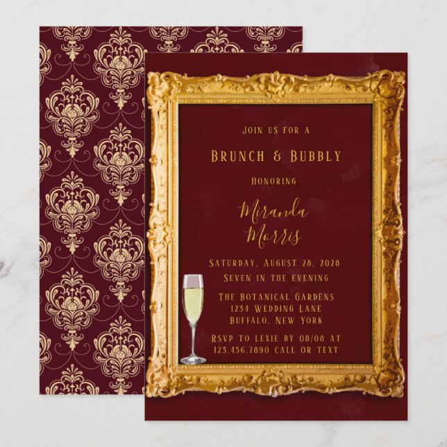 Luxus Burgund & Gold Royal Brunch & Bubbly Einladung (Vorne/Hinten)