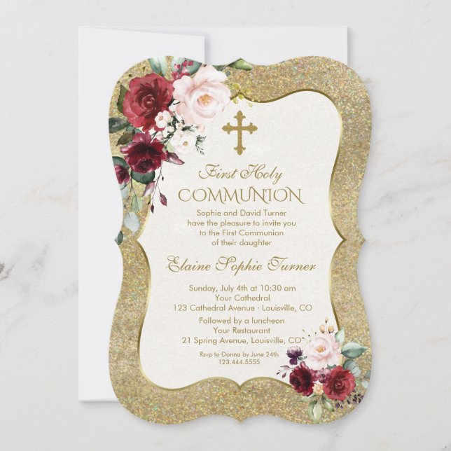 Luxus Burgundy Blush Floral Gold Erste Kommune Einladung (Vorderseite)