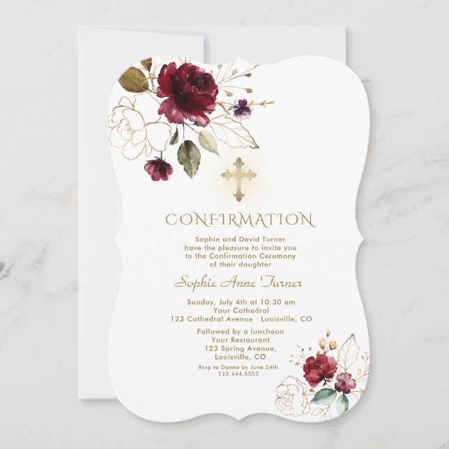 Luxus Burgundy Gold Floral Girl Bestätigung Einladung (Vorderseite)