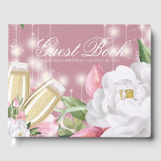 Luxus Champagne Floral Birthday Gästebuch (Vorderseite)