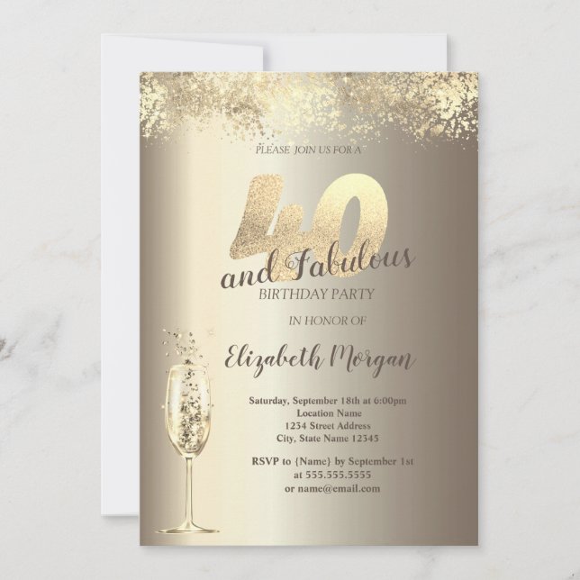 Luxus Champagner Glass Gold Confetti 40. Geburtsta Einladung (Vorderseite)