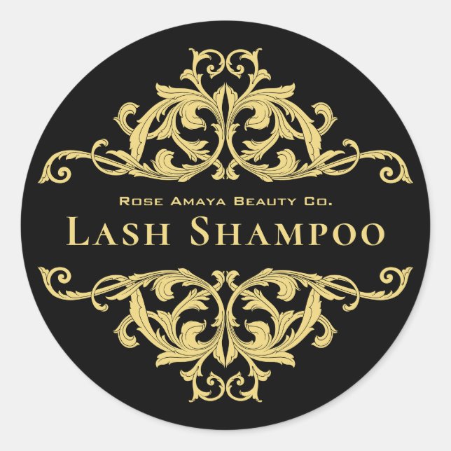 Luxus Chic Black Gold Damask Lash Cleanser Runder Aufkleber (Vorderseite)