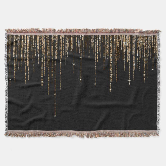 Luxus Chic Black Gold Funkelnd Glitzer Fringe Decke (Vorderseite)
