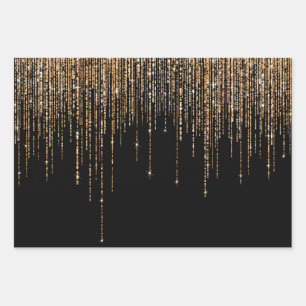 Luxus Chic Black Gold Funkelnd Glitzer Fringe Geschenkpapier Set