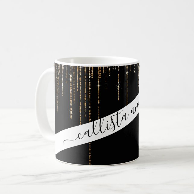 Luxus Chic Black Gold Funkelnd Glitzer Fringe Kaffeetasse (Vorderseite Links)