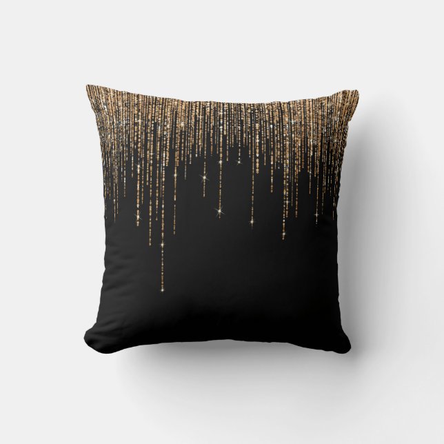 Luxus Chic Black Gold Funkelnd Glitzer Fringe Kissen (Vorderseite)